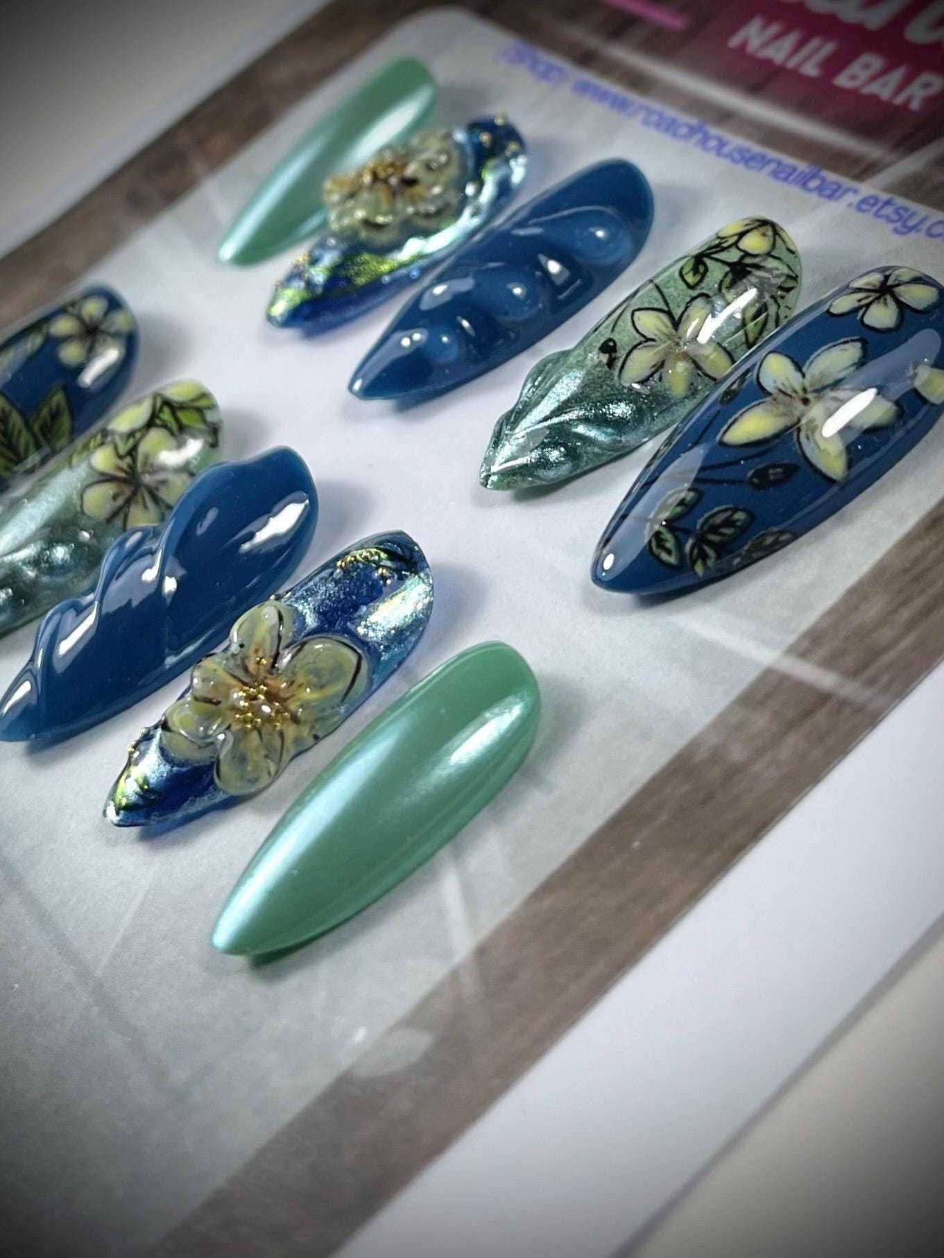 Denim blue, yellow, custard, 3-D Press On Nails | spring floral, blue and green Nails | Full Coverage almond shaped nails | doughnut, glazed