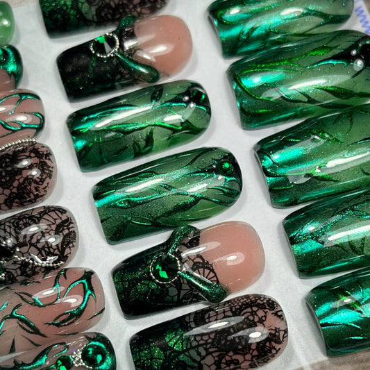 Gothic Emerald Black Press-On Nails – Forest Fantasy Bling Chrome (24pcs)