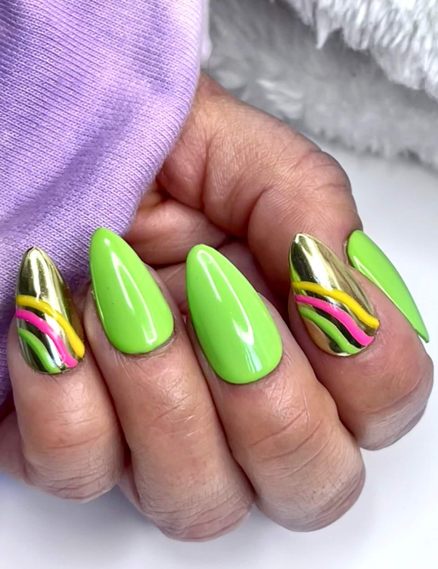 Green & Gold Chrome Press On Nails Set | Full Coverage with Stylish Striped Accents | Handcrafted Nail Art | Customizable and Reusable