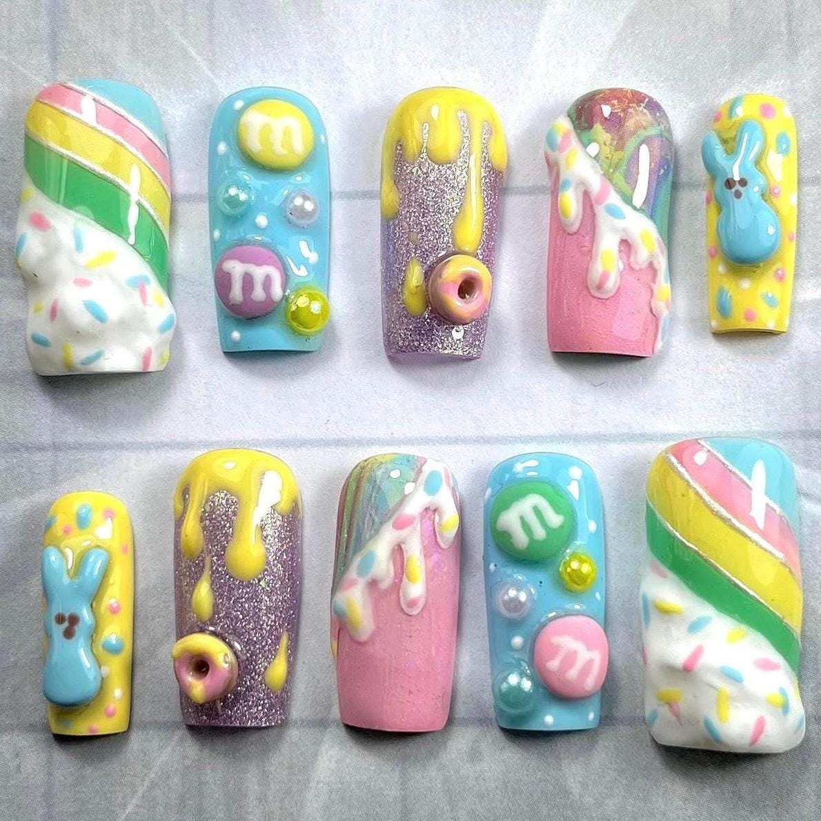 Pastel Easter sweeties Press On Nails | Easter cake Spring Nails | 3D Nail Art pink, yellow blue Nails | Sugar peeps frosting press on nails