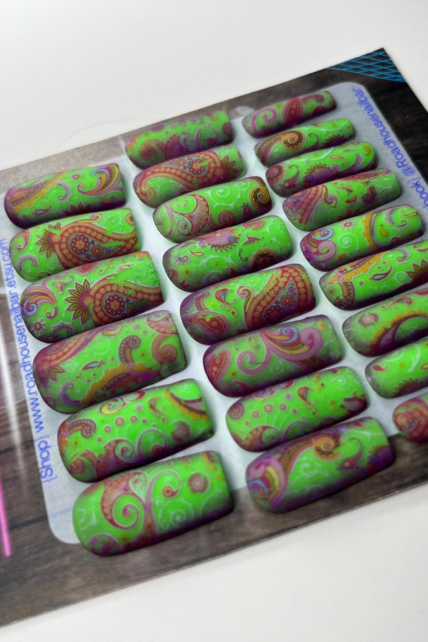 Bright Summer Neon Lime Green Press On Nails | Swirly Pattern Reusable nails | Square Medium 24pcs Nail Set | Luxury Salon Nails