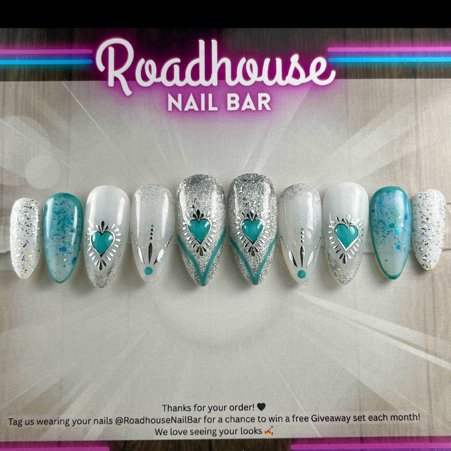 Blue and white boho glitter heart press on nails, handmade UK reusable nails