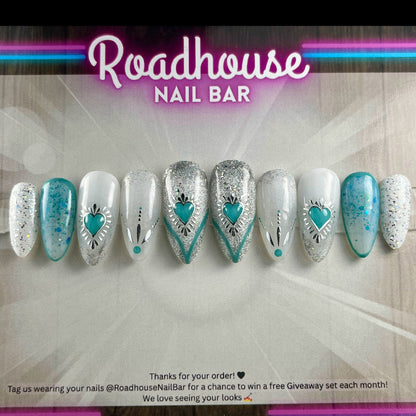 Blue and white boho glitter heart press on nails, handmade UK reusable nails