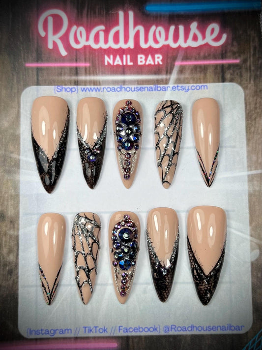 Gothic Wedding Black Lace Press On Nails |Witchy Alt luxury 24pcs Reusable Nail Set | Nude Lace Nails | Gemstone Rhinestone Bling Press-Ons