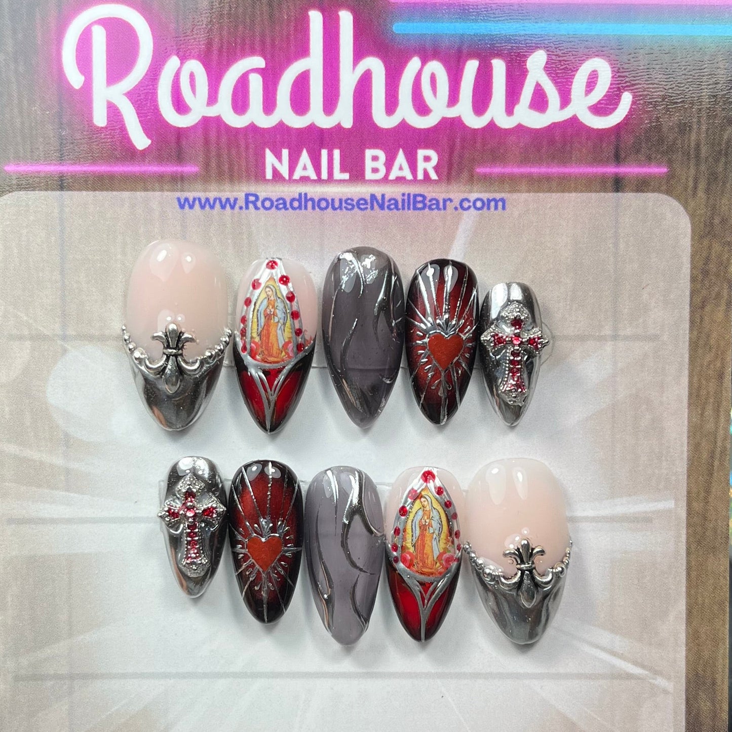 Gothic Religious Press-On Nails – Sacred Heart, Virgin Mary & Cross Charms (10pc Custom Set)