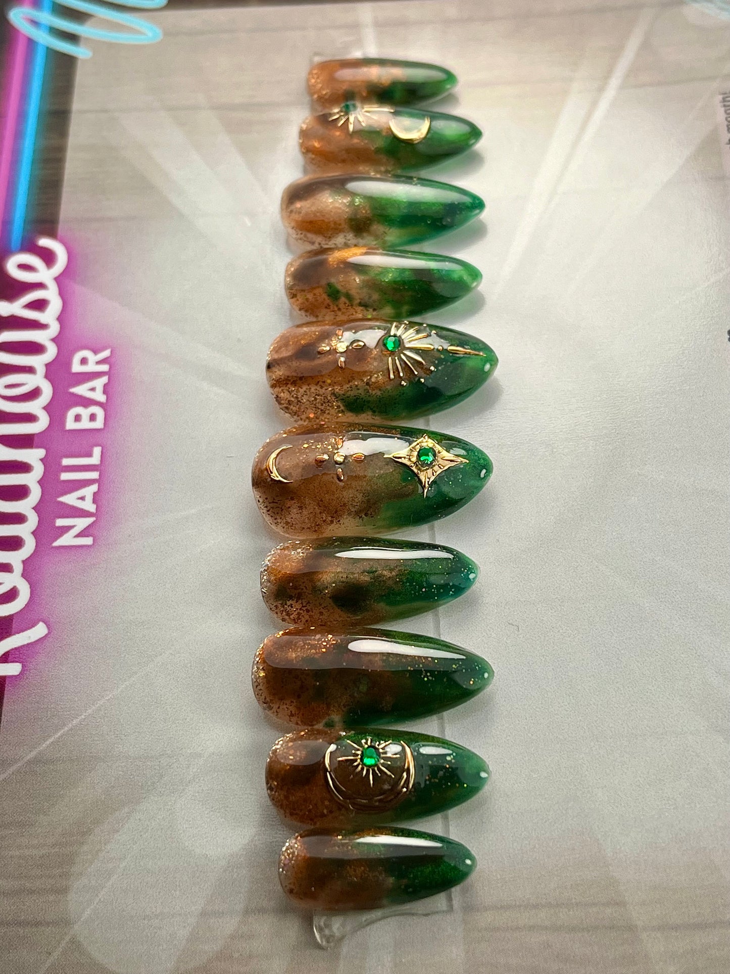 Fairycore Green & Amber Press-On Nails – Tree Bark Resin Look w/ Forest design (10pc Custom Set)