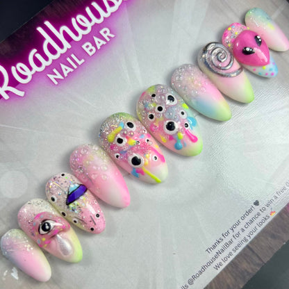 Trippy Psychedelic Neon Alien Press-On Nails | Pastel Goth UFO Eyes | Kawaii Rave Festival Nails