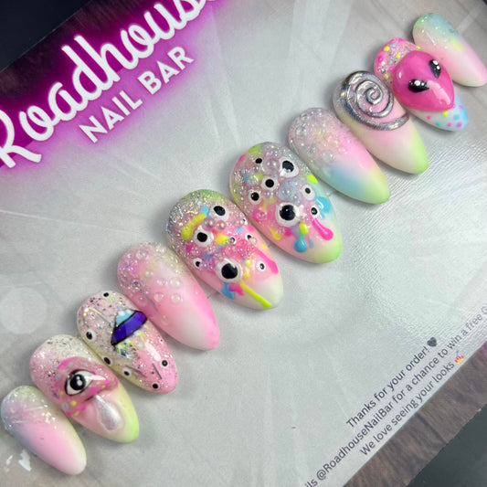 Trippy Psychedelic Neon Alien Press-On Nails | Pastel Goth UFO Eyes | Kawaii Rave Festival Nails