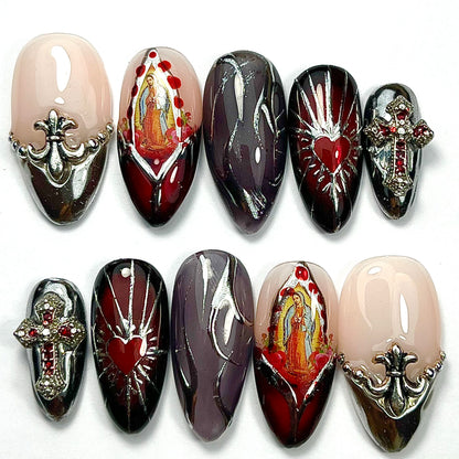 Gothic Religious Press-On Nails – Sacred Heart, Virgin Mary & Cross Charms (10pc Custom Set)