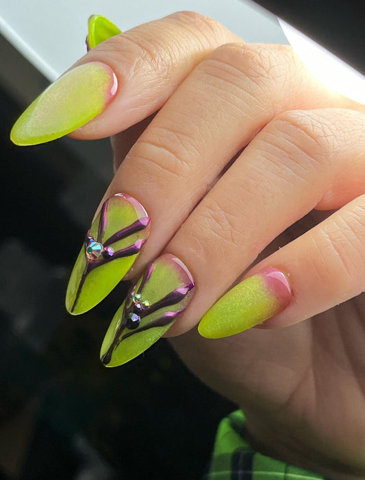 Lime Green Cat Eye Press-On Nails – 3D Purple Chrome & Rhinestones, Handmade 10pc Alt Nails, Custom Shape & Size, UK Seller