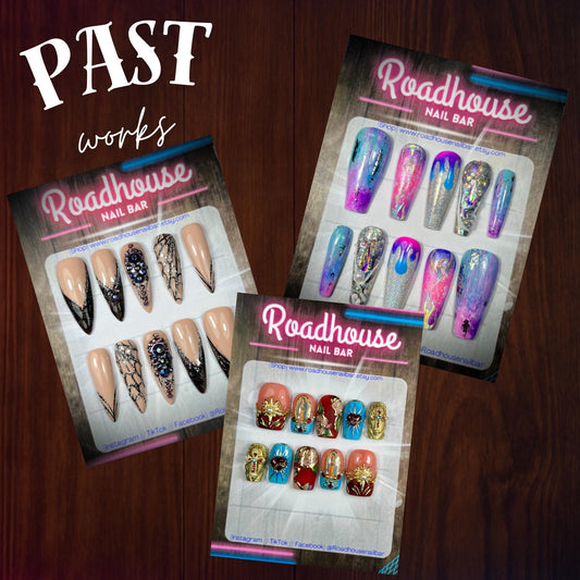 Set of 10 Hand-Painted Gel False Nails in Your Chosen Size + Shape – Mystery Mani Edition