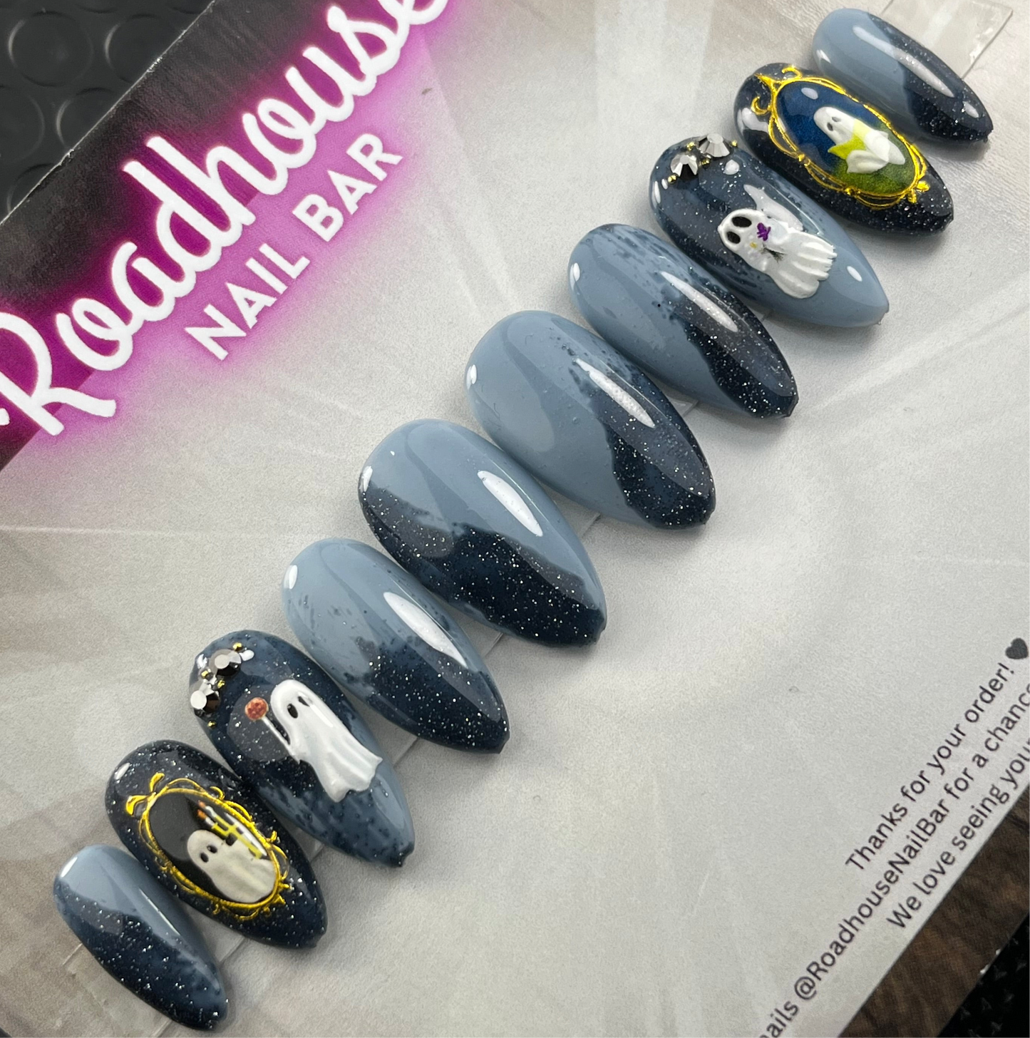 Ghost Gothic Press-On Nails – Hand-Painted Halloween Spooky Cute Alt Set (10pcs)