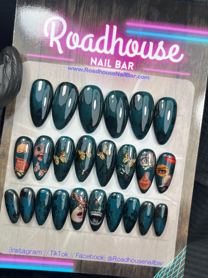 Surreal Oddities Press-On Nails – Eyes, Mouths & Butterflies Gothic Art (24pcs, Medium Almond)