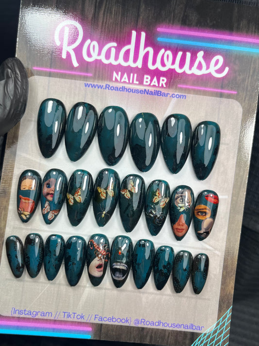 Surreal Oddities Press-On Nails – Eyes, Mouths & Butterflies Gothic Art (24pcs, Medium Almond)
