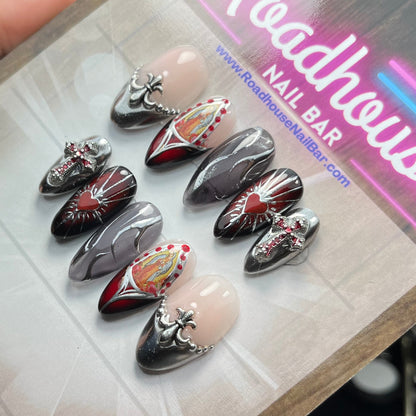 Gothic Religious Press-On Nails – Sacred Heart, Virgin Mary & Cross Charms (10pc Custom Set)