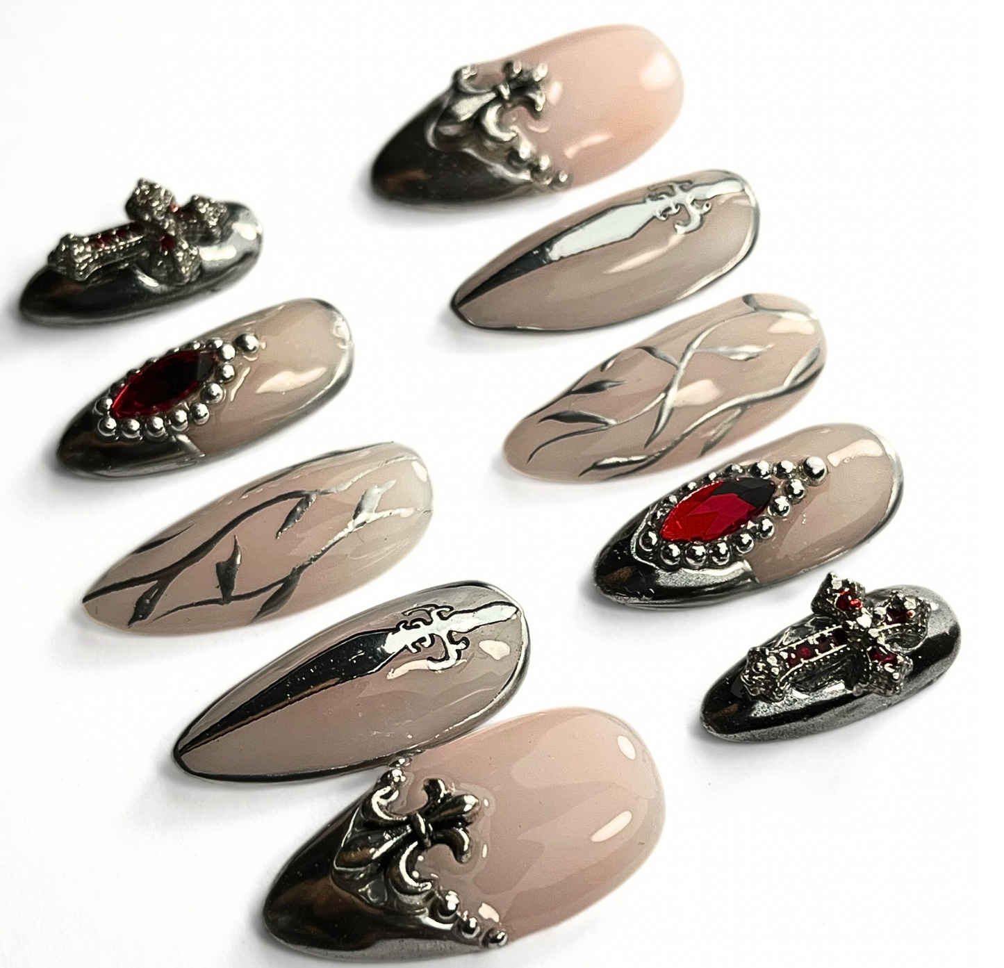 Medieval Gothic Armour Press-On Nails – Renaissance Fair Sword & Cross Design (10pcs)