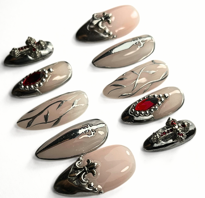 Medieval Gothic Armour Press-On Nails – Renaissance Fair Sword & Cross Design (10pcs)