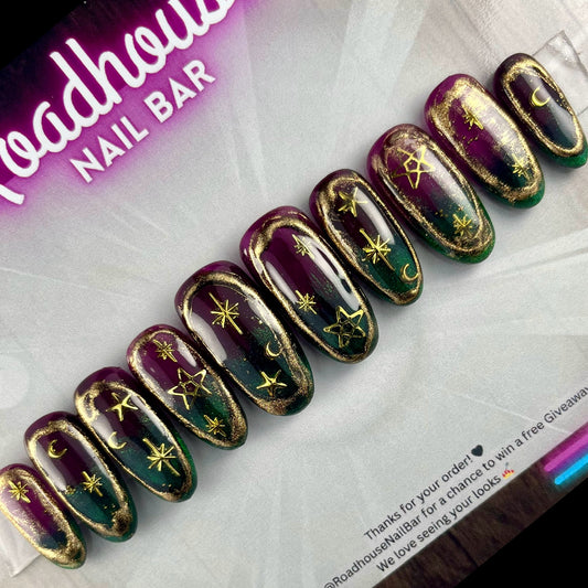 Celestial Plum & Green Cat-eye Gold Chrome Witchy Nails | Celestial ombré Press On Set | Alt Girl UK Handmade Gothic Stars + Moons Nail Art
