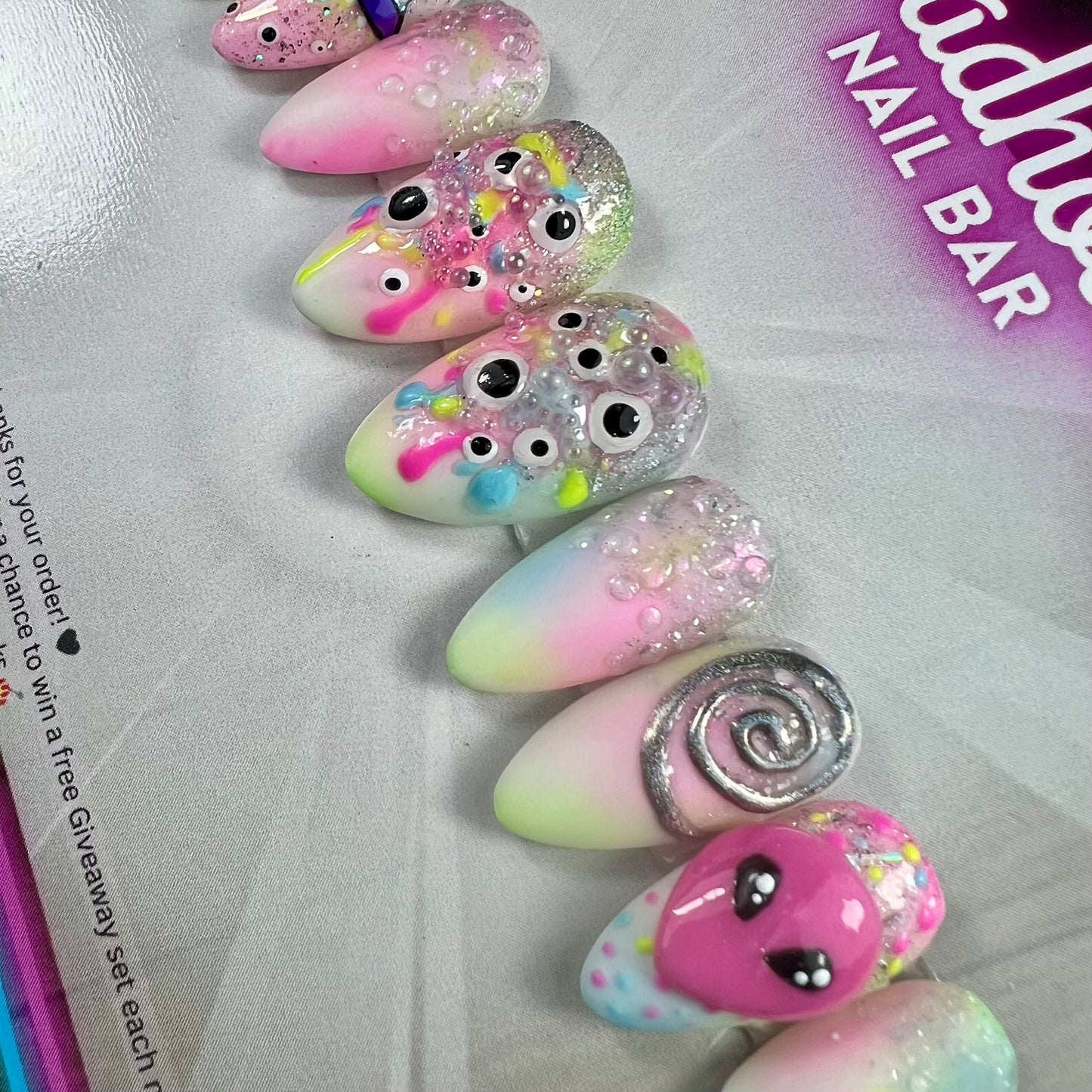 Trippy Psychedelic Neon Alien Press-On Nails | Pastel Goth UFO Eyes | Kawaii Rave Festival Nails