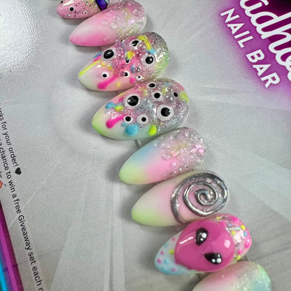 Trippy Psychedelic Neon Alien Press-On Nails | Pastel Goth UFO Eyes | Kawaii Rave Festival Nails