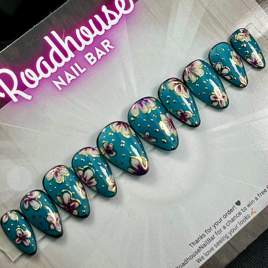 Jelly Dark Teal Press On Nails | Handpainted Floral Design with Gold Chrome Accents | Almond Shape | Full Coverage Instant Manicure