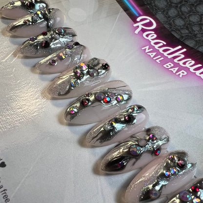 Baby Blue Chrome Press-On Nails | 10pc Molten Metal Nail Set with Crystals | Abstract Y2K Glam Reusable Nail Art | Holographic Glitter Nails