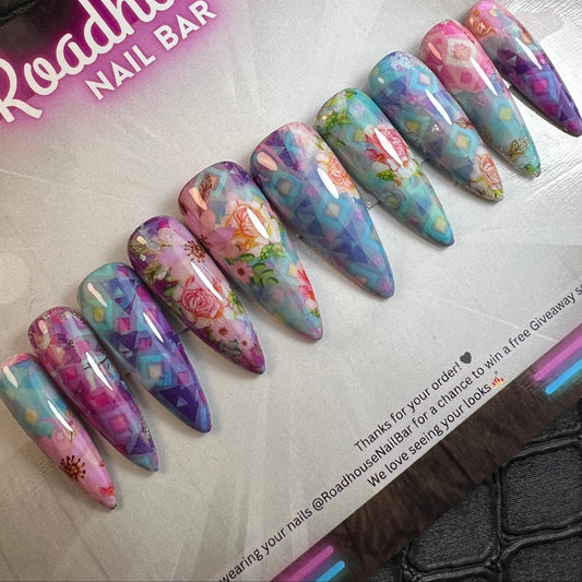 Fairycore Cottagecore Press On Nails | Pastel Floral Patchwork Aesthetic