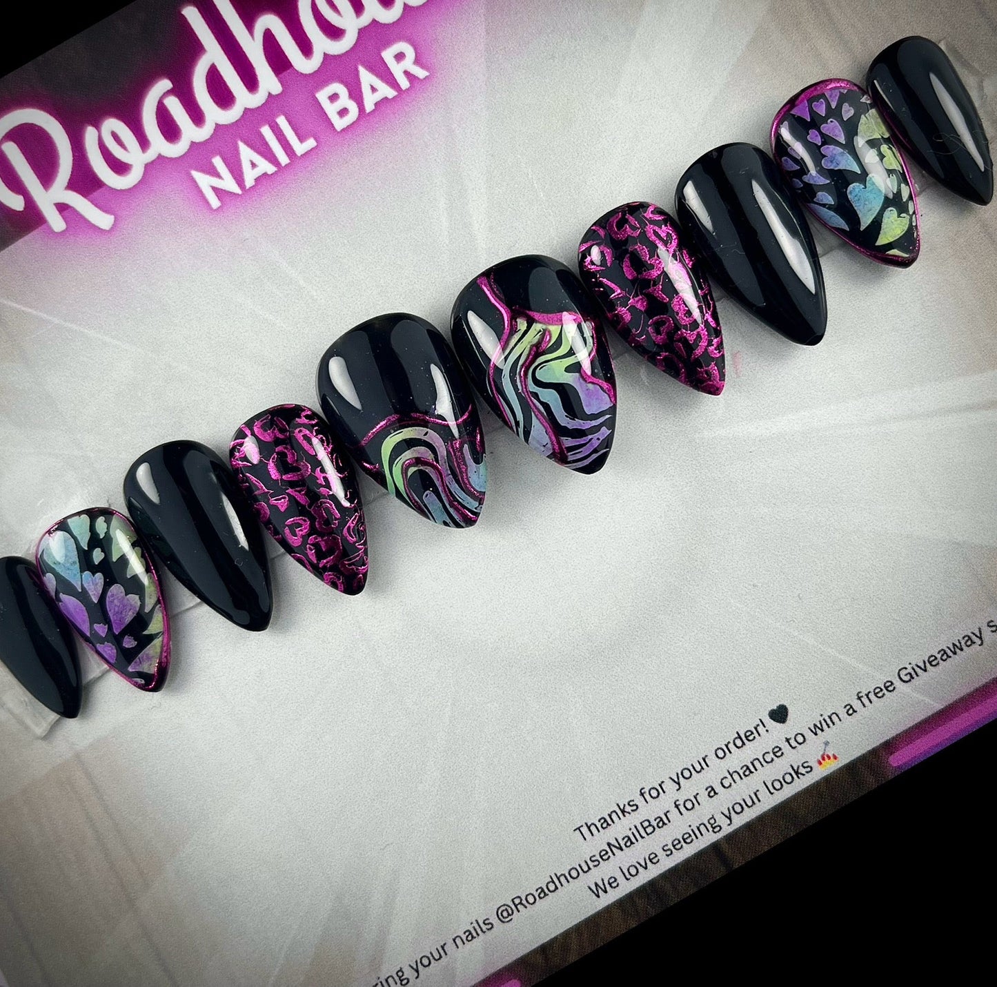 Auntie's Heartbreak Galentine’s Press-On Nails – Retro Black & Candy Abstract Hearts (10pcs)