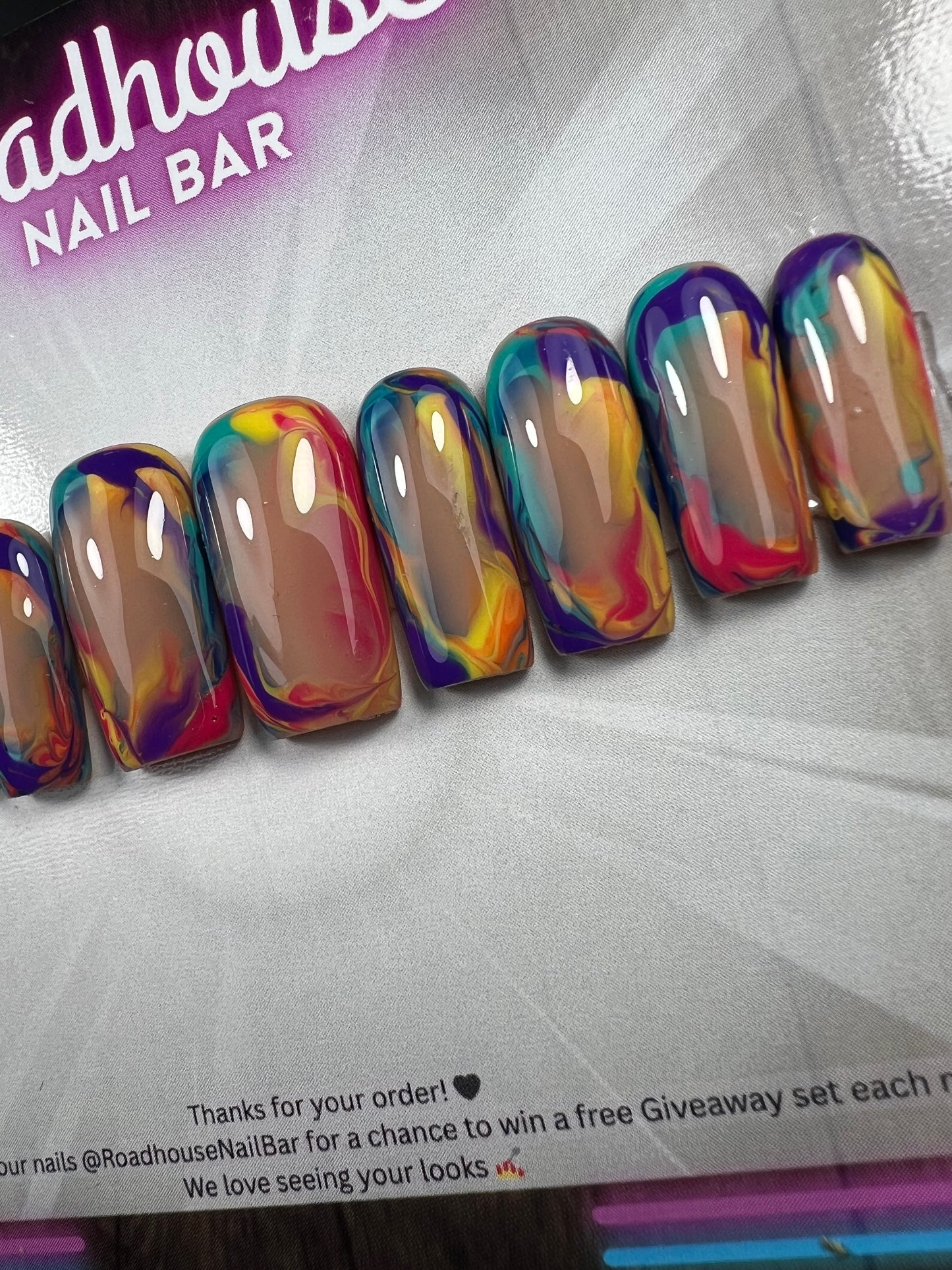 Vibrant Sunset Summer Press-On Nails – Abstract Swirl Nail Art in Bold Summer Colours (10pc Custom Set)