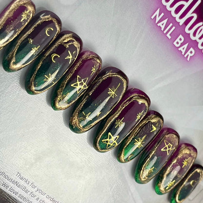 Celestial Plum & Green Cat-eye Gold Chrome Witchy Nails | Celestial ombré Press On Set | Alt Girl UK Handmade Gothic Stars + Moons Nail Art