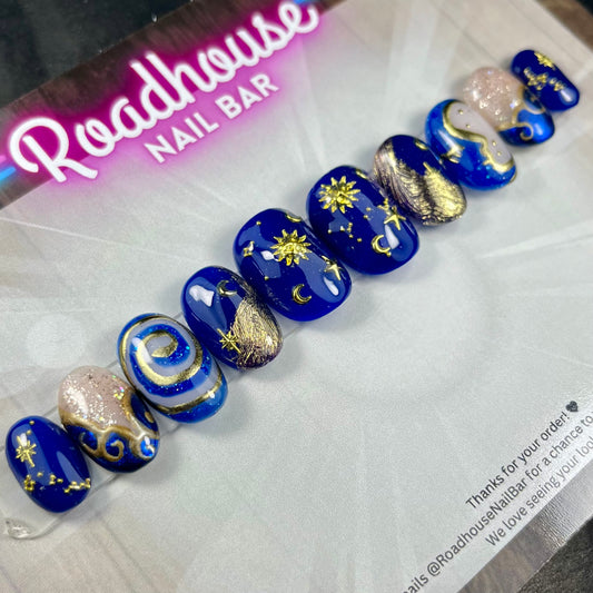90s Whimsy Goth Press On Nails – Celestial Navy & Gold Moons and Stars, Hand Painted 10pc Custom Gothic Nails UK