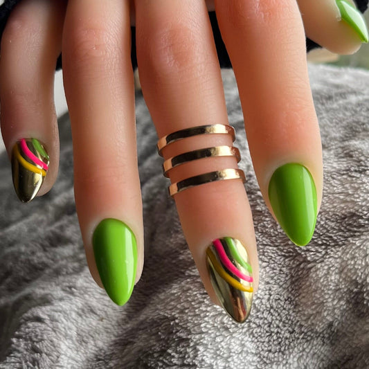 Green & Gold Chrome Press On Nails Set | Full Coverage with Stylish Striped Accents | Handcrafted Nail Art | Customizable and Reusable