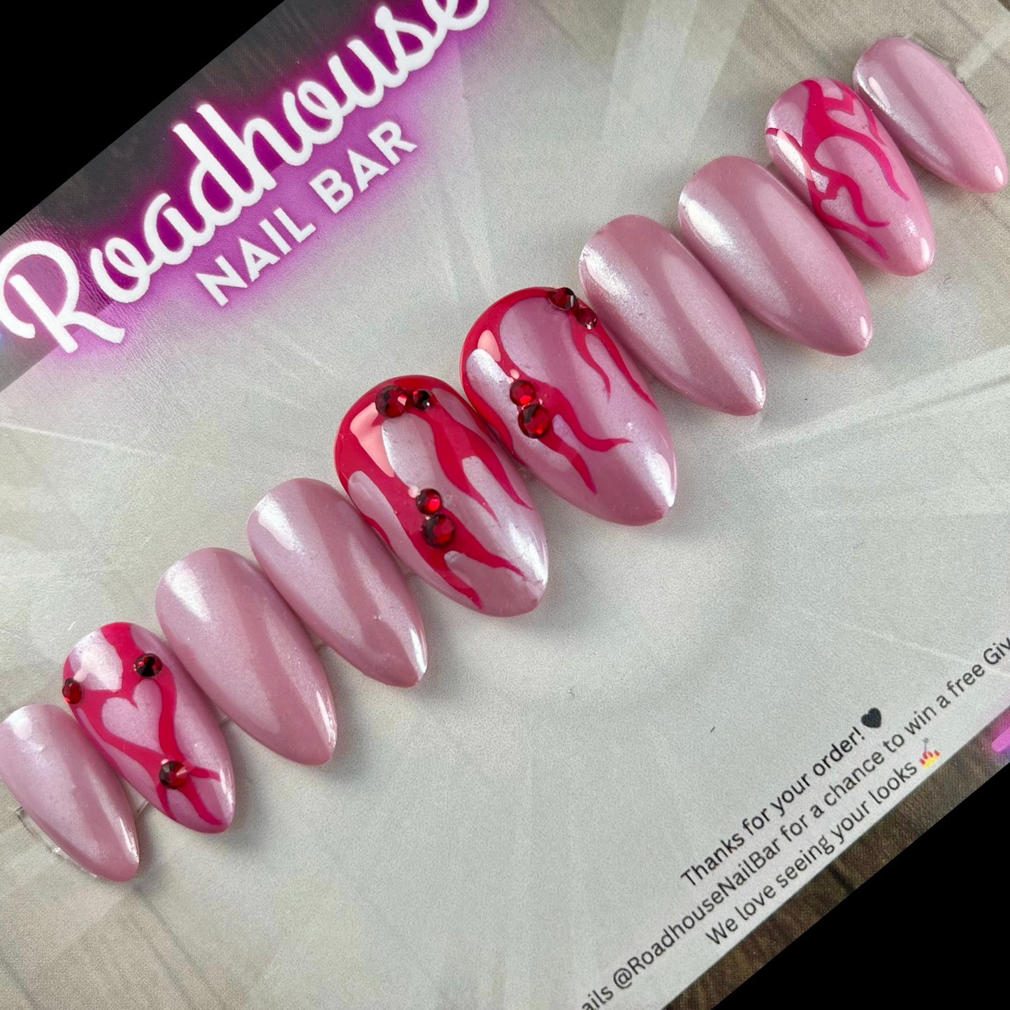 Red Pearl Heart Flame Press-On Nails | Valentine Nails with Red Gems | Hand-Painted UK Reusable Nails (10pcs)