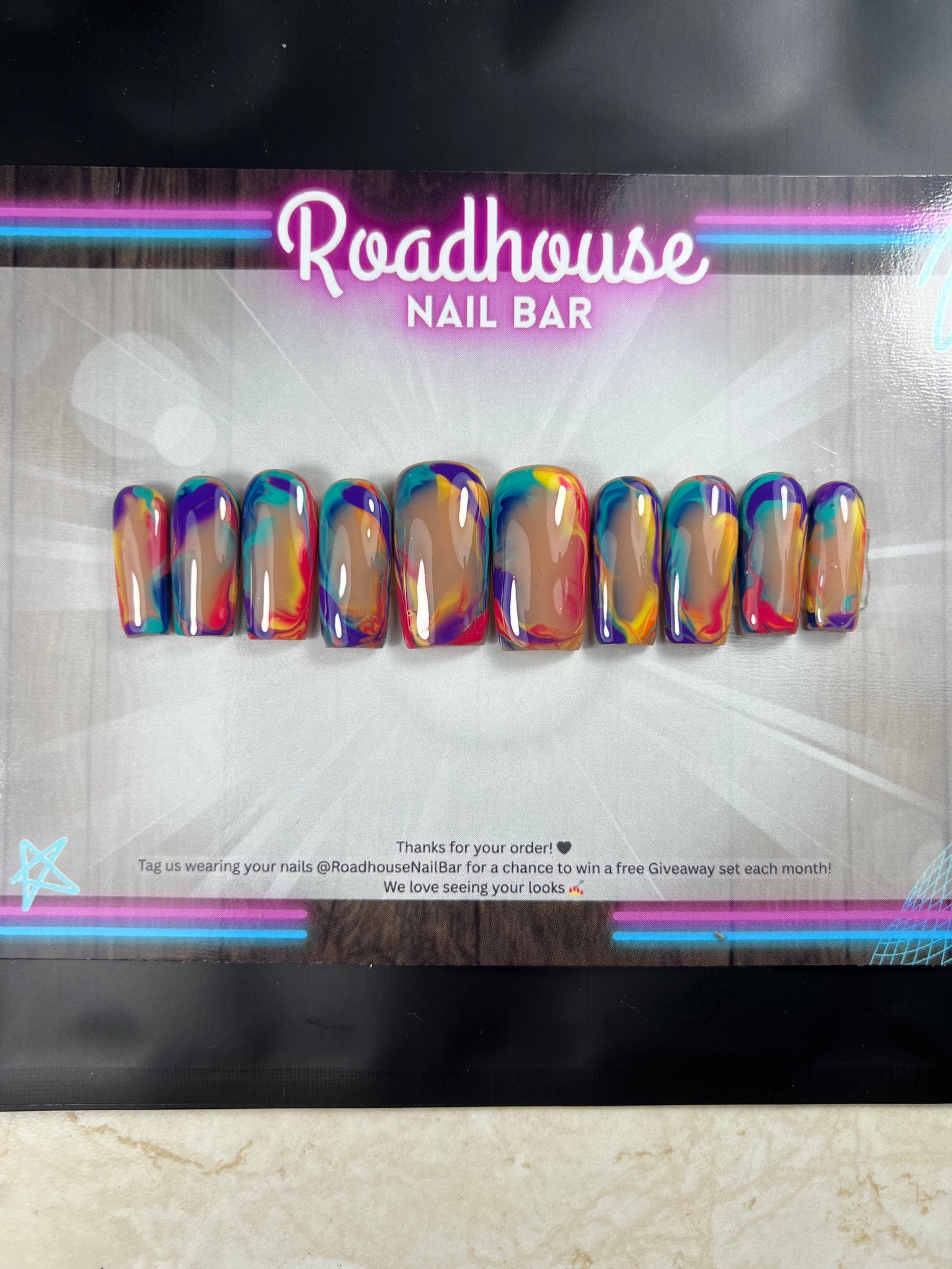Vibrant Sunset Summer Press-On Nails – Abstract Swirl Nail Art in Bold Summer Colours (10pc Custom Set)
