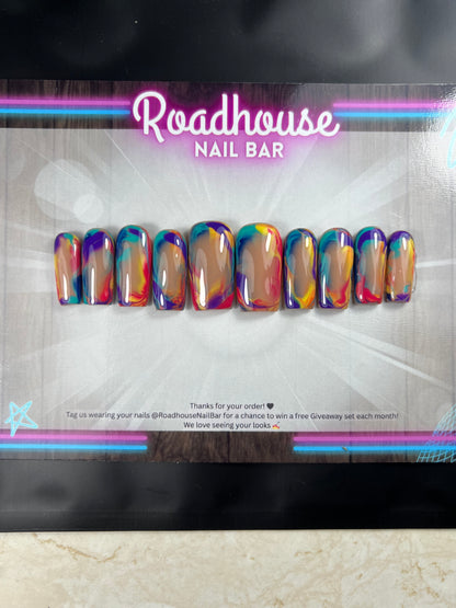 Vibrant Sunset Summer Press-On Nails – Abstract Swirl Nail Art in Bold Summer Colours (10pc Custom Set)