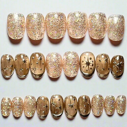 Cosmic Nude Cat Eye Press-On Nails – Celestial Glitter & Starburst Detail (24pcs)