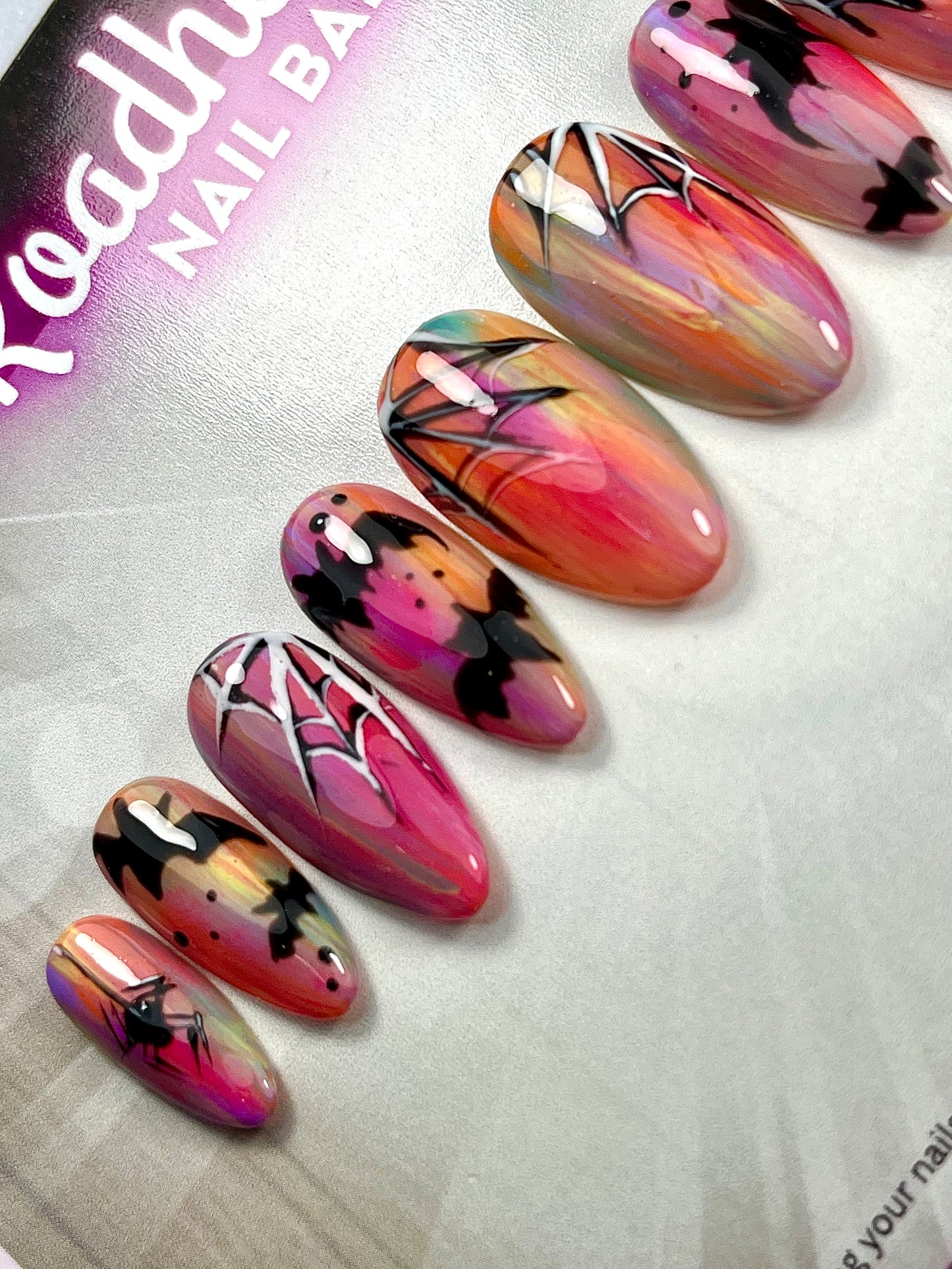 Gothic Halloween Ombre Press-On Nails – Hand-Painted Bat & Spider-Web Nail Art (Reusable, UK Handmade)