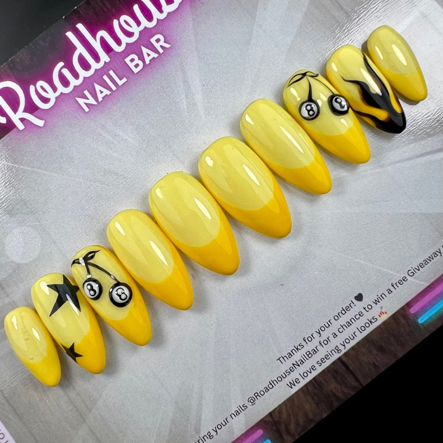 8 Ball Flame Press-On Nails | Yellow Retro Rockabilly Nails