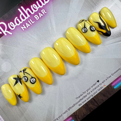 8 Ball Flame Press-On Nails | Yellow Retro Rockabilly Nails