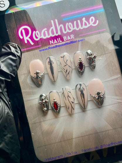 Medieval Gothic Armour Press-On Nails – Renaissance Fair Sword & Cross Design (10pcs)