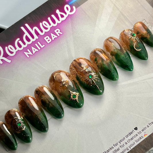Fairycore Green & Amber Press-On Nails – Tree Bark Resin Look w/ Forest design (10pc Custom Set)