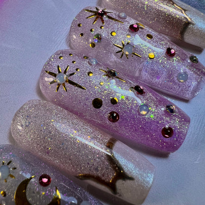 Celestial Coquette Press-On Nails | Pink Moon & Star Glitter Nails