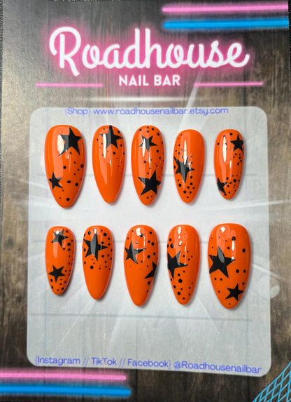 Electric Tangerine Star Nails – 10pc Custom Handmade Press-On Set | Punky Halloween Vibes