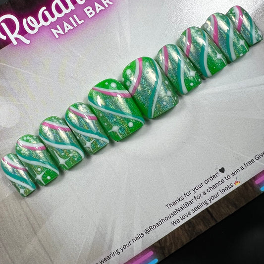 Retro Swirl Press-On Nails | Green Pink Groovy 70s Nail Art