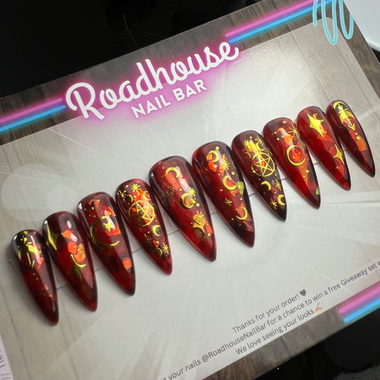 Blood Moon Press-On Nails – Red Aura Celestial Halloween Set (10pcs)