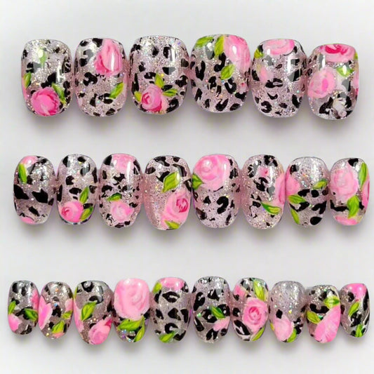Pink Rose & Leopard Print Press-On Nails – Barbiecore Punk Glam (24pcs)