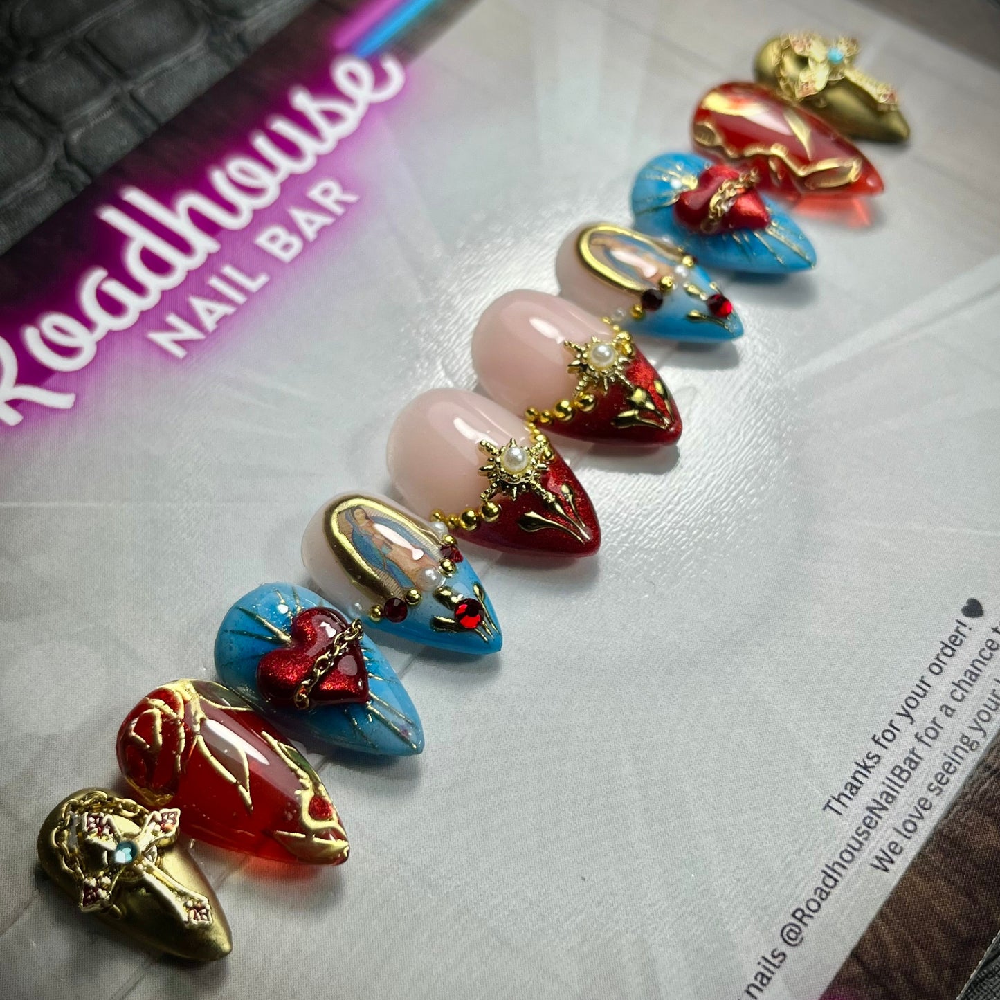 Catholic Roman 3D Jewelled Press-On Nails – Baroque Gold Red Gothic Luxury (10pcs)