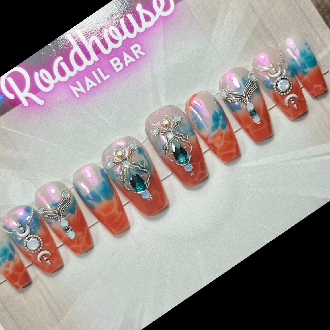 Teal & Burnt Orange Rhinestone Press-On Nails – Luxe Handmade Set (10pcs)