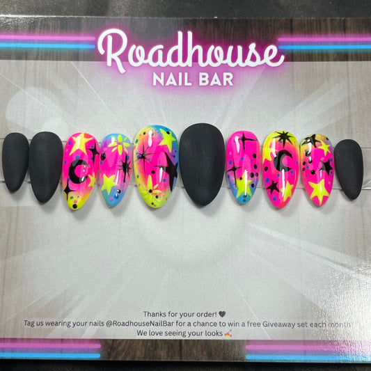Neon lights celestial black and Bright Matte (10pc) nail set