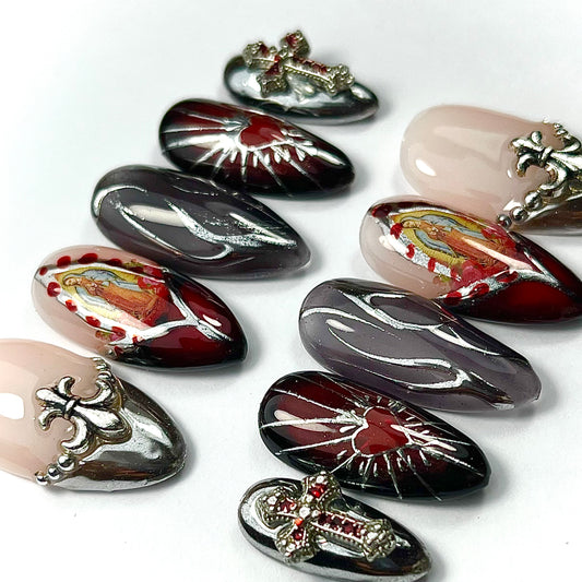Gothic Religious Press-On Nails – Sacred Heart, Virgin Mary & Cross Charms (10pc Custom Set)